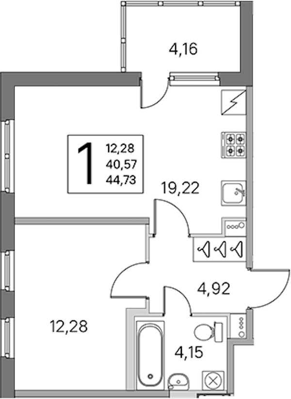 1-комнатная квартира 40.57 м², 1/5 эт., ЖК «ЮгТаун. Олимпийские кварталы»